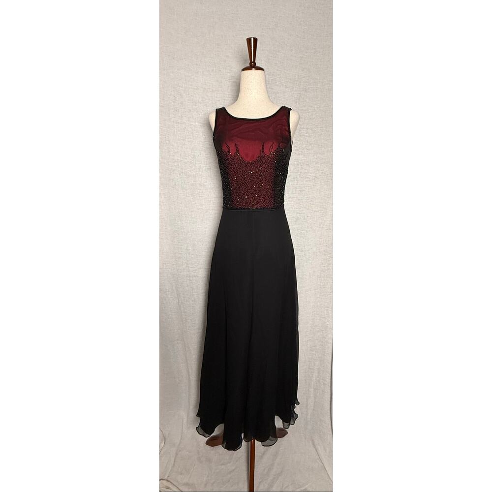VTG Y2K Bieff Basix Silk Beaded Evening Maxi Dress Gown Red Black Whimsigoth
4